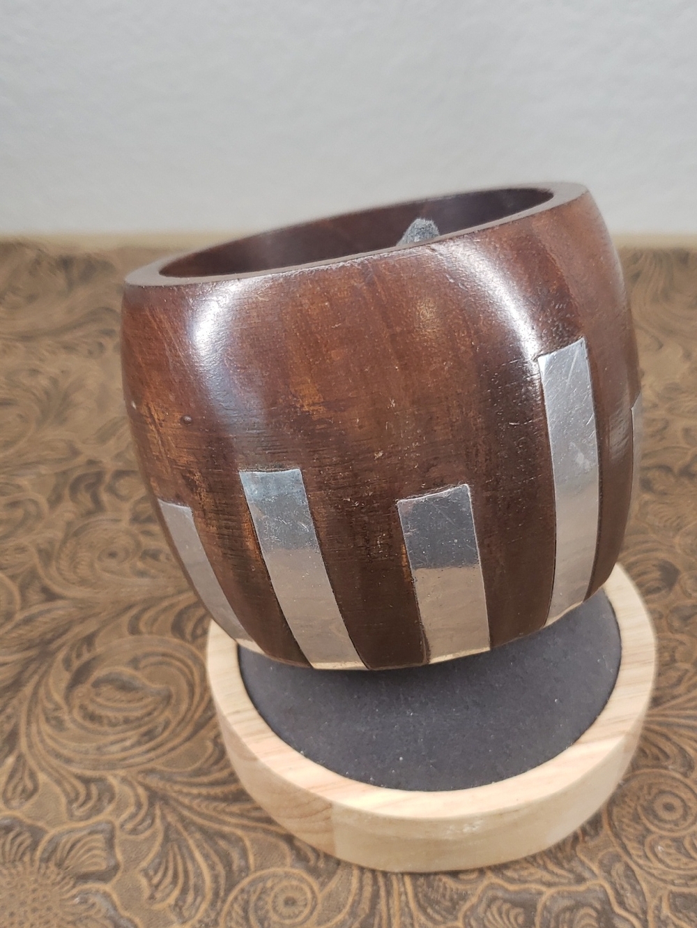 Vintage Wooden Silver Inlay Wide Western Boho Bangle Bracelet
